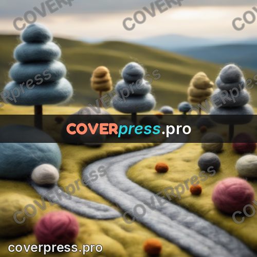 Wool painting: grey boulder by a winding road