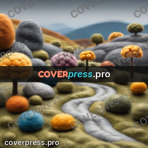 Wool painting: grey boulder by a winding road