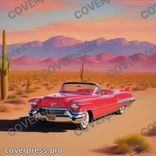 В стиле Винтаж 50-х: красный кабриолет Cadillac Eldorado 1957 года, с откинутым верхом, мчится по пустынному
