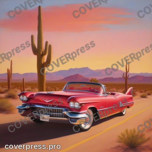 В стиле Винтаж 50-х: красный кабриолет Cadillac Eldorado 1957 года, с откинутым верхом, мчится по пустынному