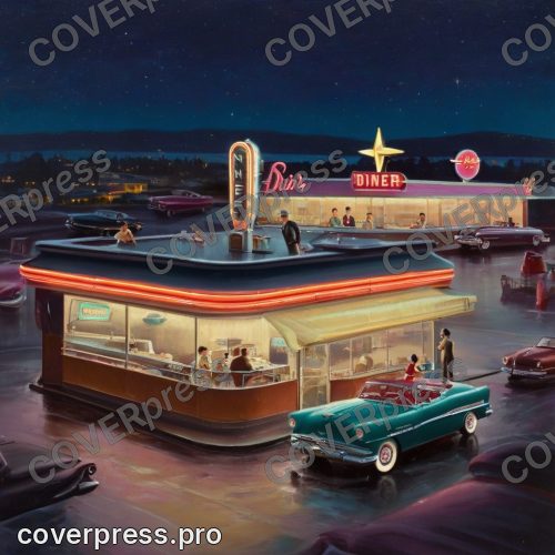 В стиле Винтаж 50-х: ночной вид на дайнер "Star Diner" с высоты птичьего полёта