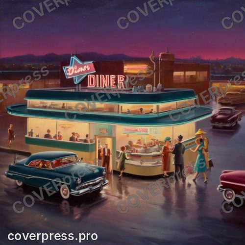 В стиле Винтаж 50-х: ночной вид на дайнер "Star Diner" с высоты птичьего полёта
