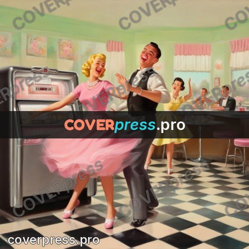 Vintage illustration: people dancing by a jukebox