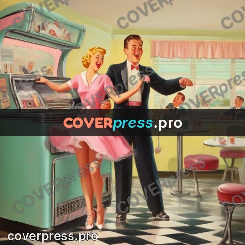 Vintage illustration: people dancing by a jukebox
