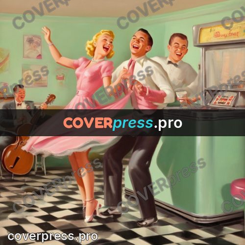 Vintage illustration: people dancing by a jukebox