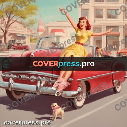 Vintage illustration: girl by a red convertible
