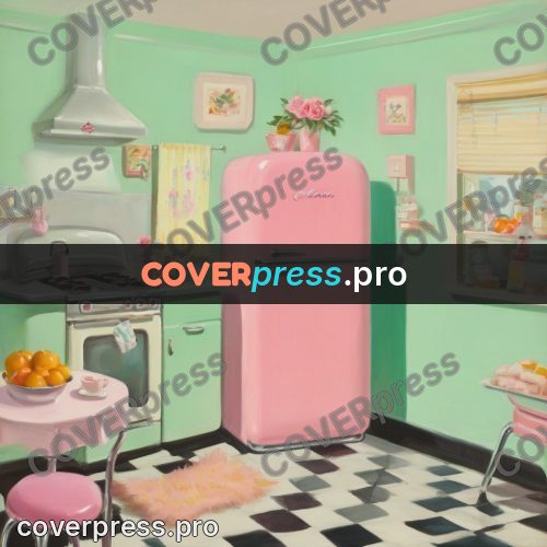 Vintage illustration: refrigerator in a mint kitchen