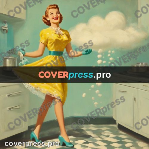 Vintage illustration: girl in a yellow kitchen