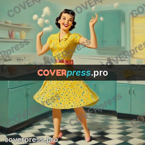 Vintage illustration: girl in a yellow kitchen