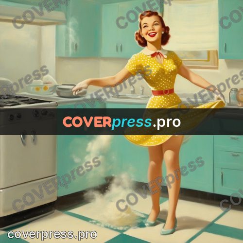 Vintage illustration: girl in a yellow kitchen