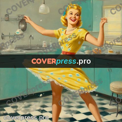 Vintage illustration: girl in a yellow kitchen