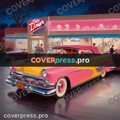 Vintage illustration: convertible by a neon diner