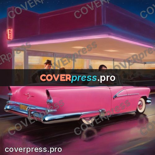 Vintage illustration: convertible by a neon diner