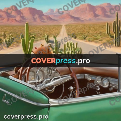 Vintage illustration: steering wheel and desert view