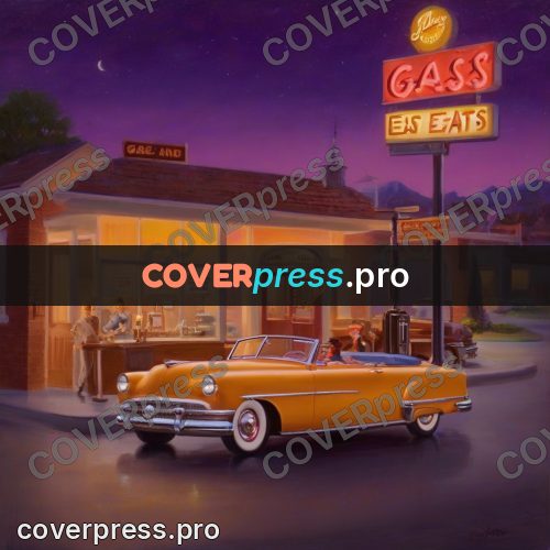 Vintage illustration: convertible at a station at night