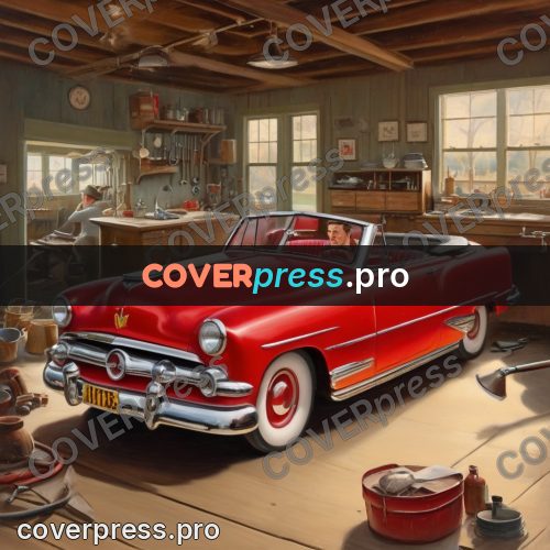 Vintage illustration: red convertible in a garage