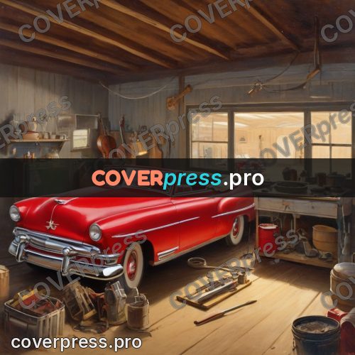 Vintage illustration: red convertible in a garage