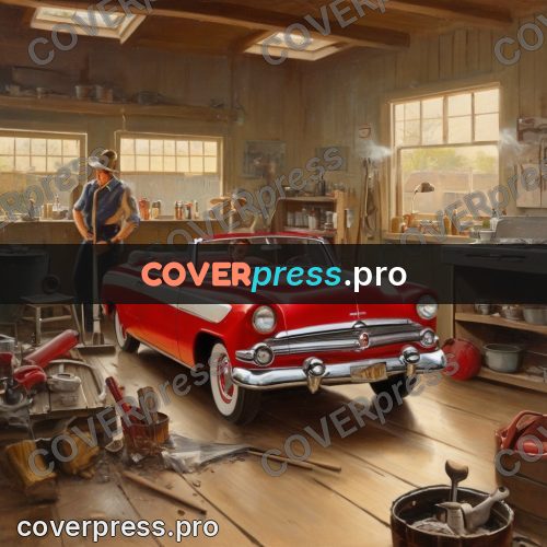 Vintage illustration: red convertible in a garage