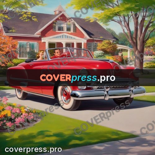 Vintage illustration: red convertible by a house