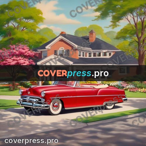 Vintage illustration: red convertible by a house