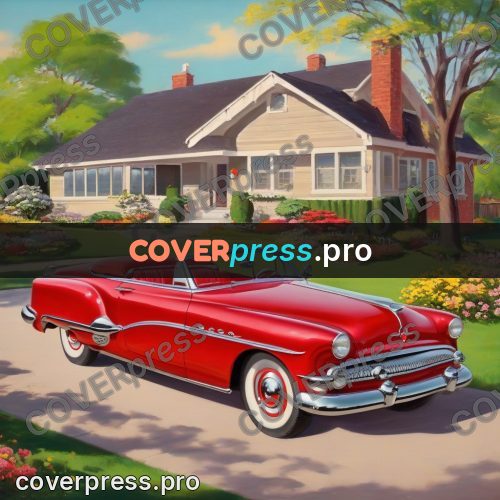 Vintage illustration: red convertible by a house