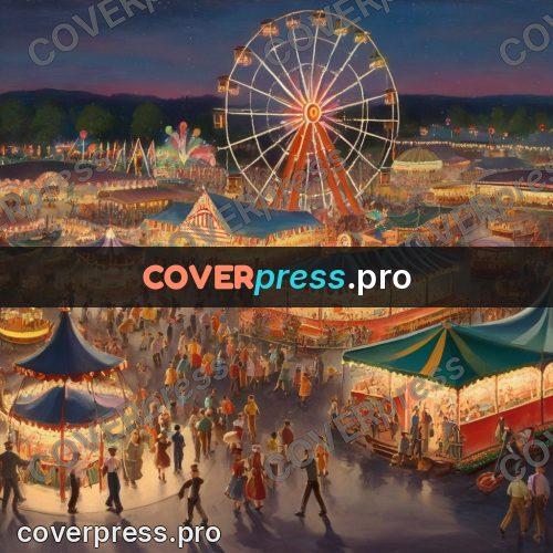 Vintage illustration: evening fair with a big wheel