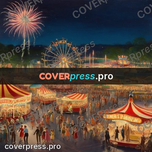 Vintage illustration: evening fair with a big wheel