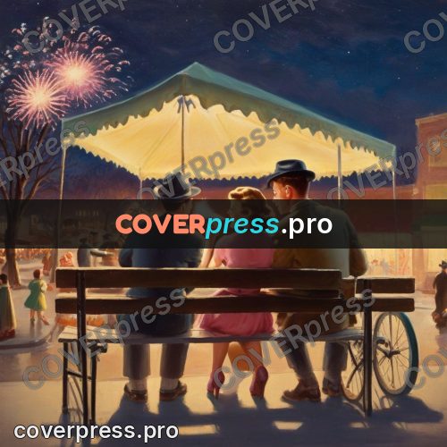 Vintage illustration: people on a bench under fireworks