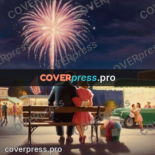 Vintage illustration: people on a bench under fireworks