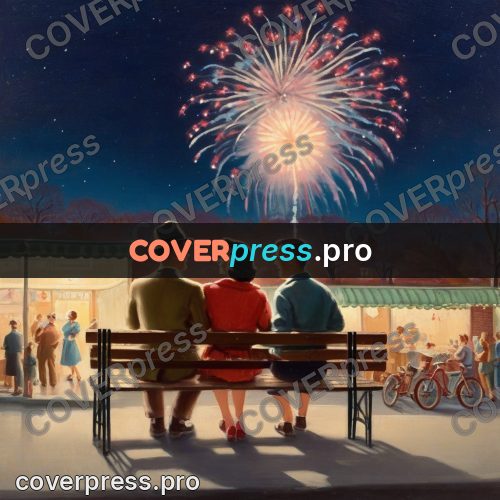 Vintage illustration: people on a bench under fireworks