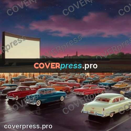 Vintage illustration: screen and cars in a lot