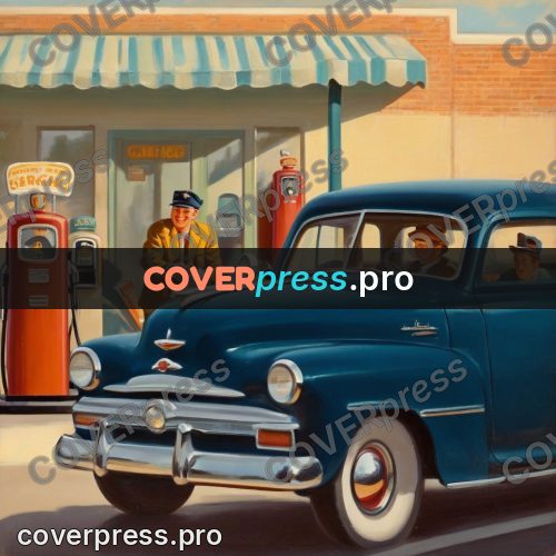 Vintage illustration: attendant by a blue car