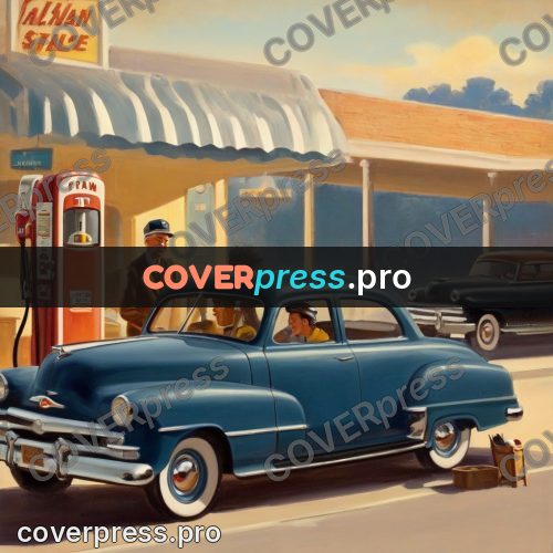 Vintage illustration: attendant by a blue car