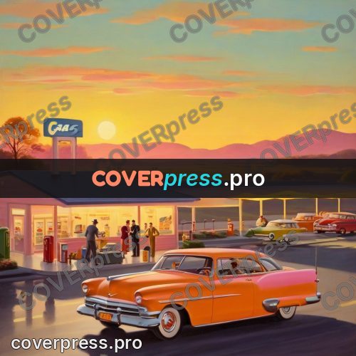 Vintage illustration: filling station at sunset