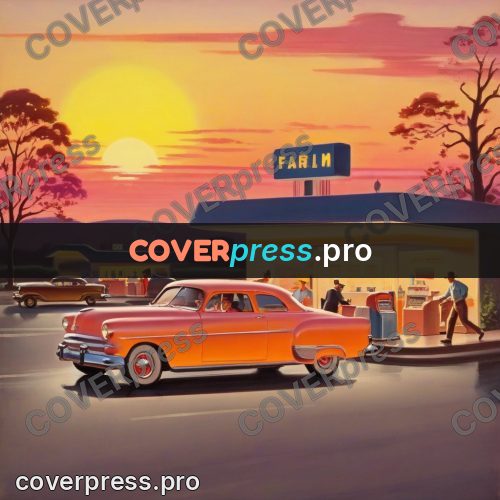 Vintage illustration: filling station at sunset
