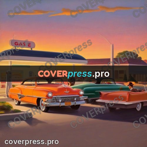 Vintage illustration: filling station at sunset