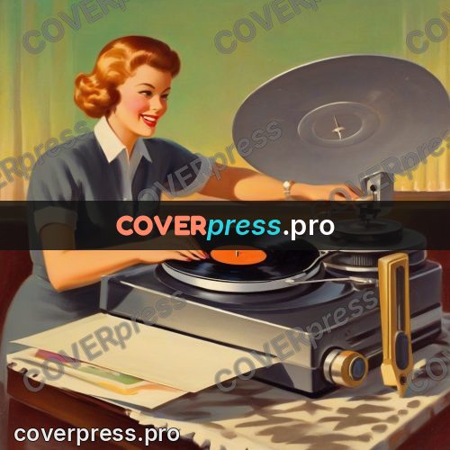Vintage illustration: woman putting on a record