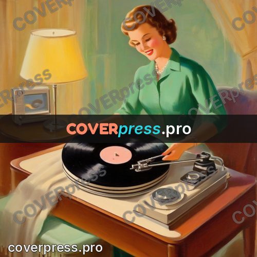 Vintage illustration: woman putting on a record
