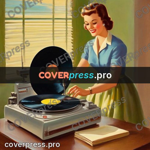 Vintage illustration: woman putting on a record