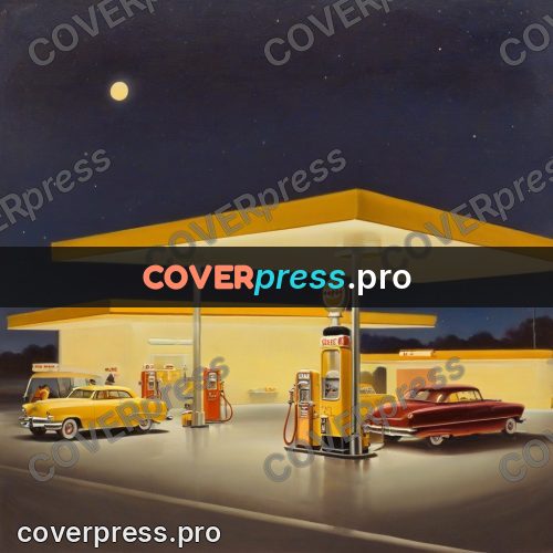 Vintage illustration: night filling station under a moon