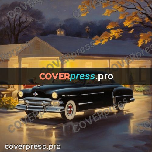 Vintage illustration: car by a house at dusk