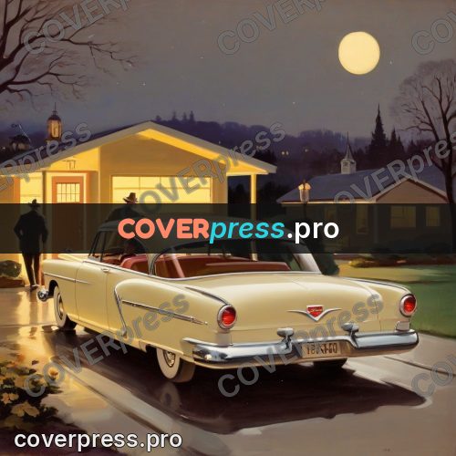 Vintage illustration: car by a house at dusk