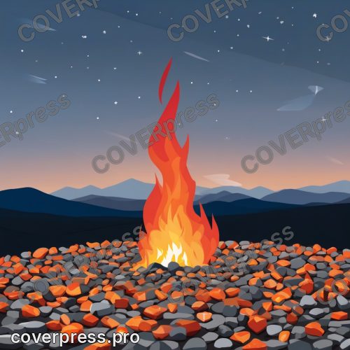 В стиле Флэт-ретро: костер из нескольких оранжевых и красных плоских языков пламени в центре кадра