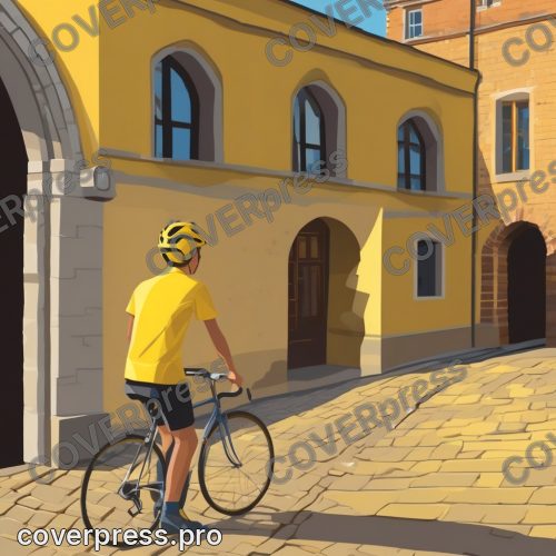 В стиле Флэт-ретро: раннее утро. Юный велосипедист в ярко-жёлтой футболке выезжает из арки старого кирпичного