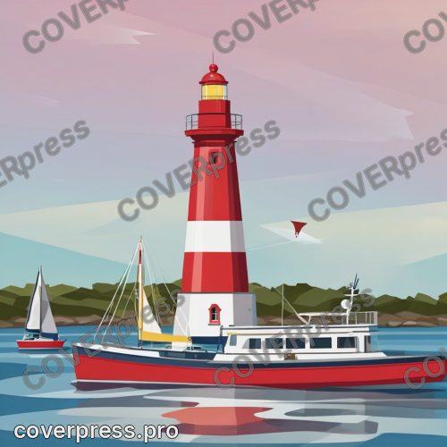 В стиле Флэт-ретро: высокий, красно-белый полосатый маяк с желтым фонарем