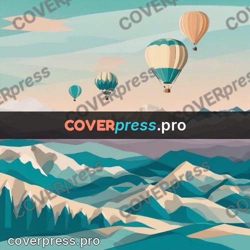 Flat illustration: hot air balloon over mountains