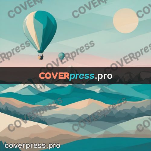 Flat illustration: hot air balloon over mountains