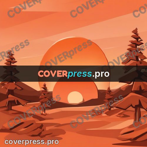 Flat illustration: sun behind pines at sunset