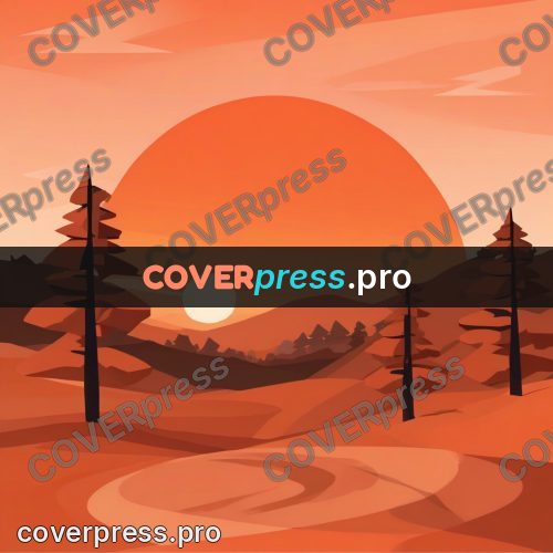 Flat illustration: sun behind pines at sunset