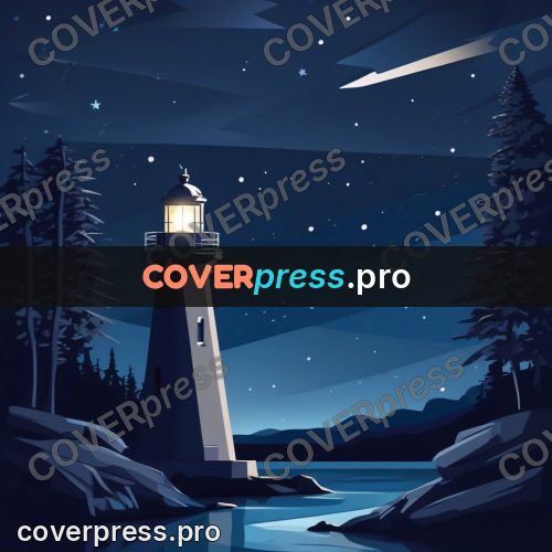 Flat illustration: lighthouse by the water at night